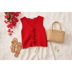 Y2K Red Knit Sweater Vest Tie Front Ribbed Sleeveless Abercrombie Preppy Boho